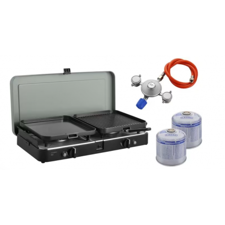 Cocina de gas CADAC 2-Cook 3 Pro Deluxe con regulador PowerPak + 2 cartuchos de gas, 50 mbar