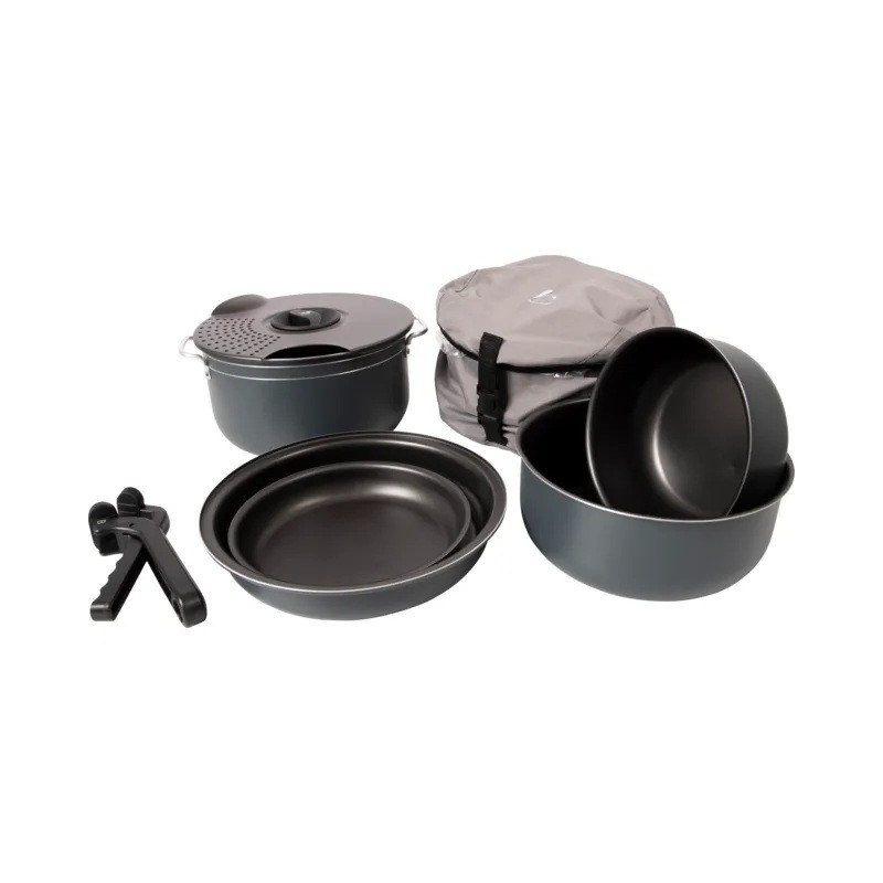 Juego de ollas para acampar Bo-Camp de aluminio con revestimiento antiadherente de 7 piezas.